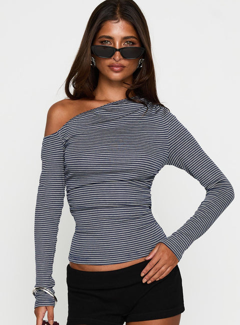 front view of model wearing Princess Polly Beller Long Sleeve Top Navy Stripe Full Sleeves Asymmetric Neckline 
