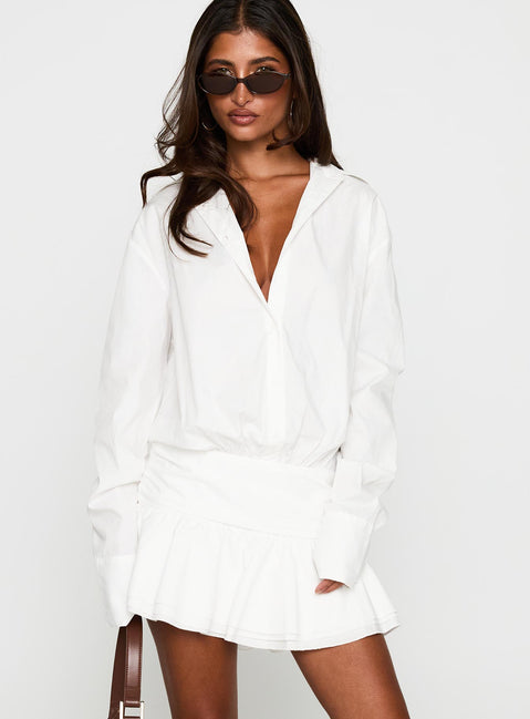 front view of model wearing Princess Polly Girls Girls Girls Mini Dress White V-Neck 