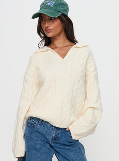 back view of model wearing Princess Polly Brodey Collared Cable Knit Sweater Cream Long 