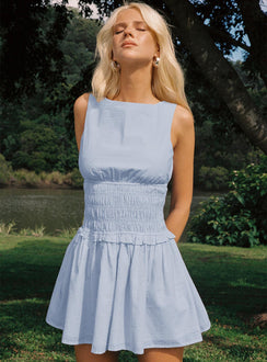 front view of model wearing Princess Polly Yennifer Shirred Mini Dress Blue / White Crew Neck 