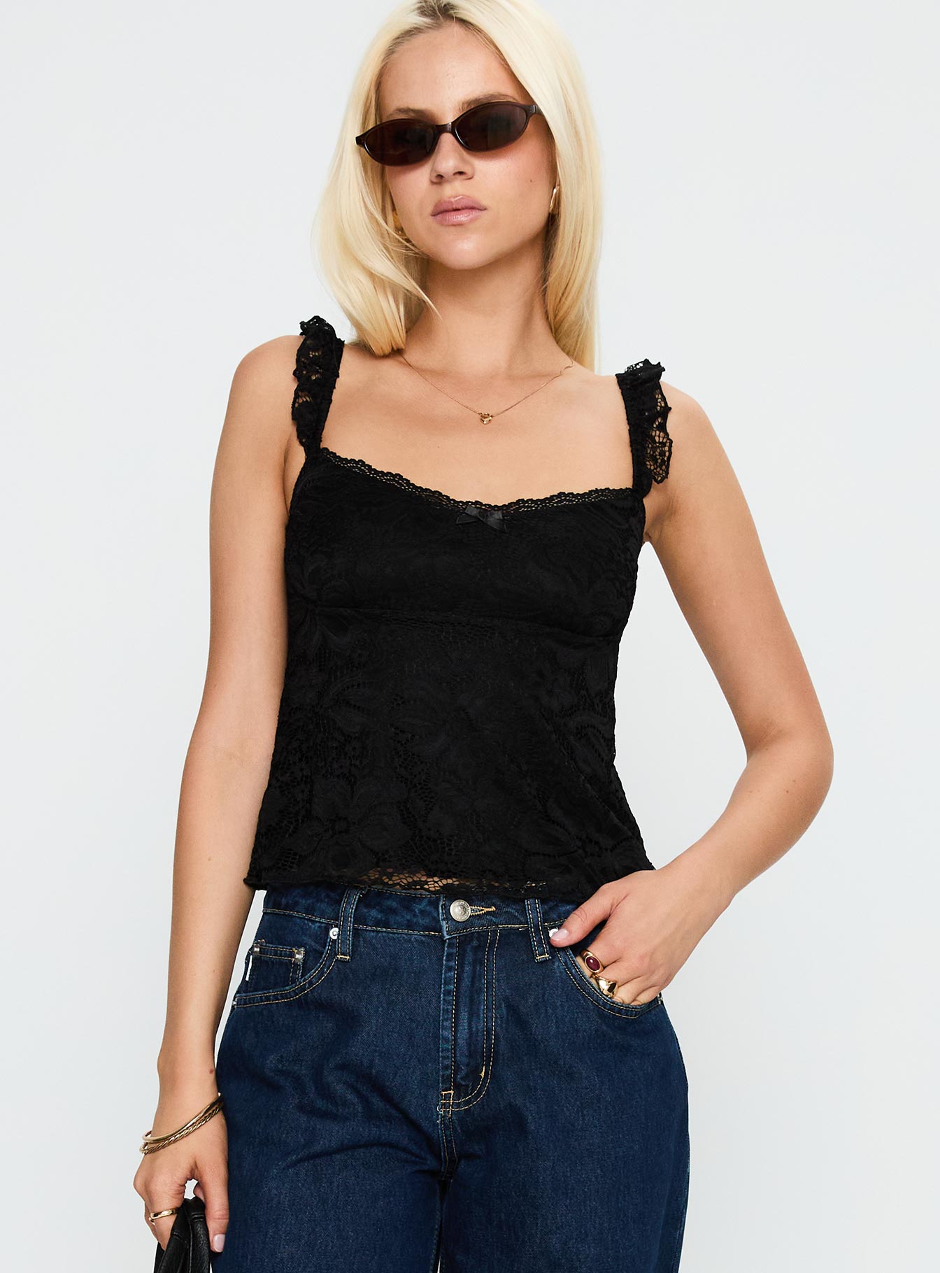 front view of model wearing Princess Polly Madaleine Lace Top Black Sleeveless Scoop Neck 