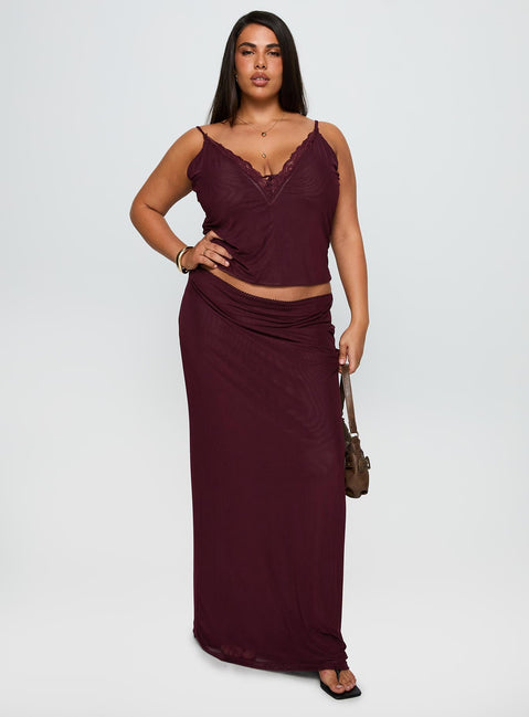 Reiko Lace Trim Tie Front Maxi Set Burgundy Curve