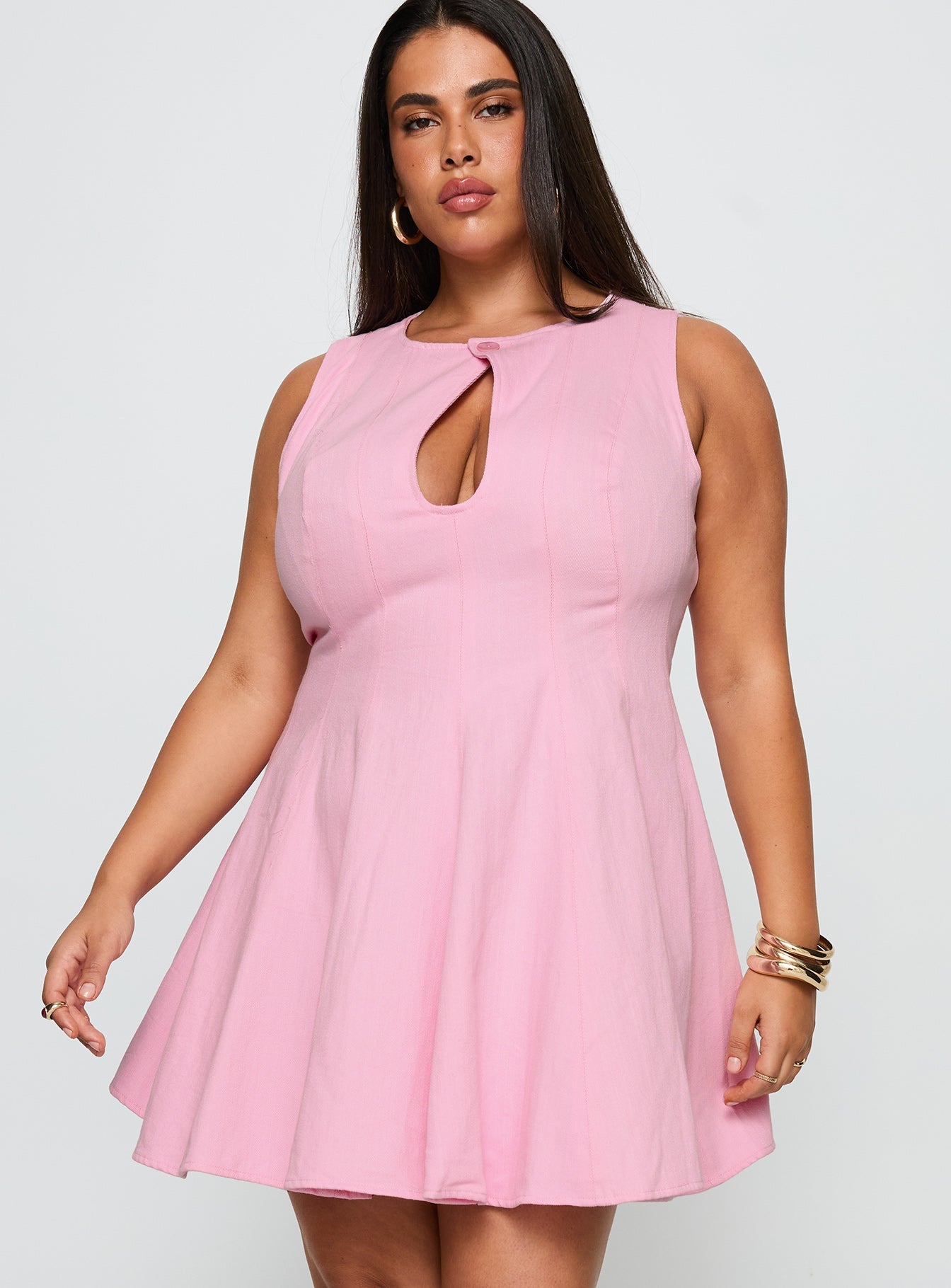 side view of model wearing Princess Polly Precedence Keyhole Mini Dress Pink Curve Crew Neck 