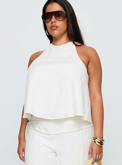 front view of model wearing Princess Polly Aquaria Halter Linen Blend Top White Curve Sleeveless Crew Neck 