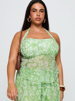 front view of model wearing Princess Polly Finesse Halter Top Green Floral Curve Sleeveless Square Neck 