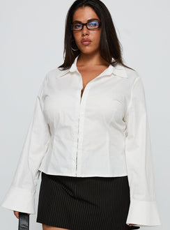 front view of model wearing Princess Polly By The Phone Long Sleeve Collared Top White Curve Full Sleeves V-Neck 