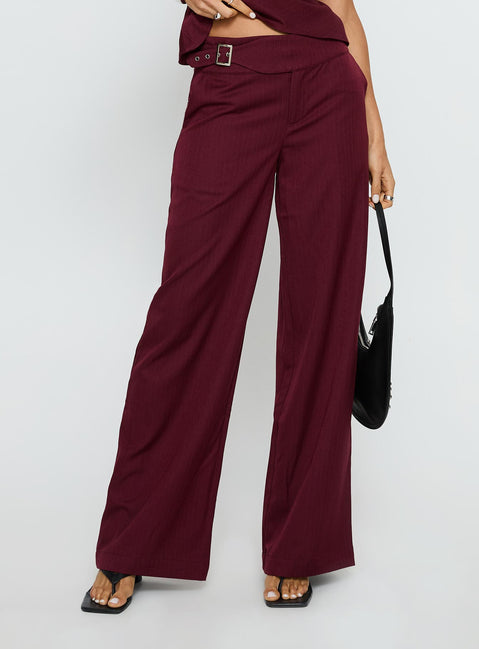 side view of model wearing Princess Polly Jinny Relaxed Buckle Tailored Pants Berry Pinstripe Low Rise Pants 