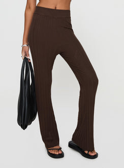 side view of model wearing Princess Polly Palomia Ribbed Pants Chocolate High Waisted Pants 