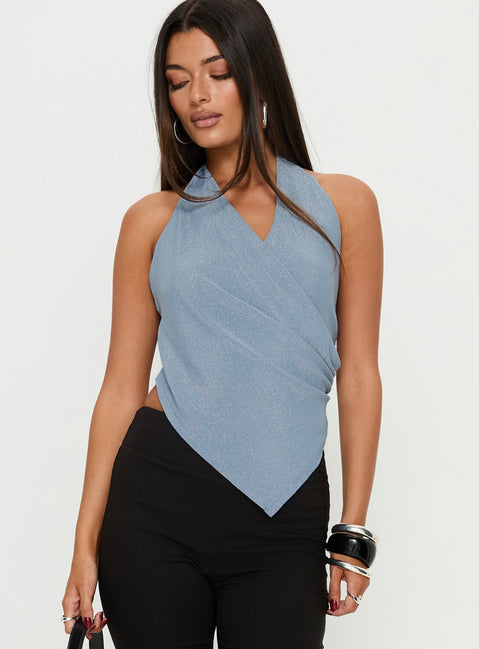 Lillyan Cross Front Backless Top Blue Shimmer