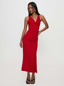 side view of model wearing Princess Polly Mesmerise Halter Maxi Dress Red V-Neck 