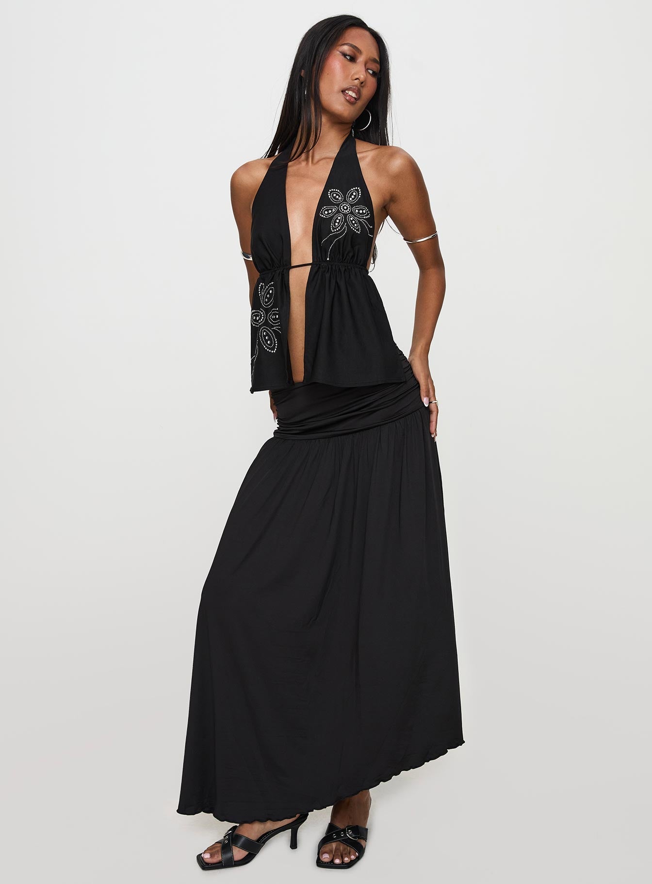   front view of model wearing Princess Polly Gezabele Asymmetrical Maxi Skirt Black Maxi 