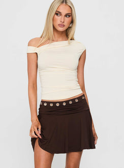   front view of model wearing Princess Polly Amryn Eyelet Mini Skirt Brown Mini Skirts 