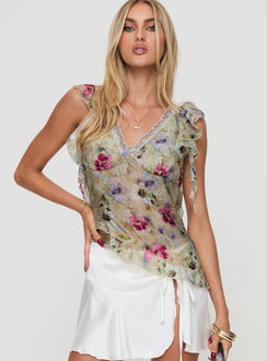 front view of model wearing Princess Polly Lucatsa Top Beige Short Sleeves V-Neck 