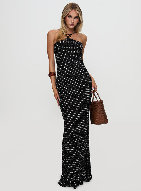 front view of model wearing Princess Polly Evyn Halter Maxi Dress Polka Dot Asymmetric Neckline 