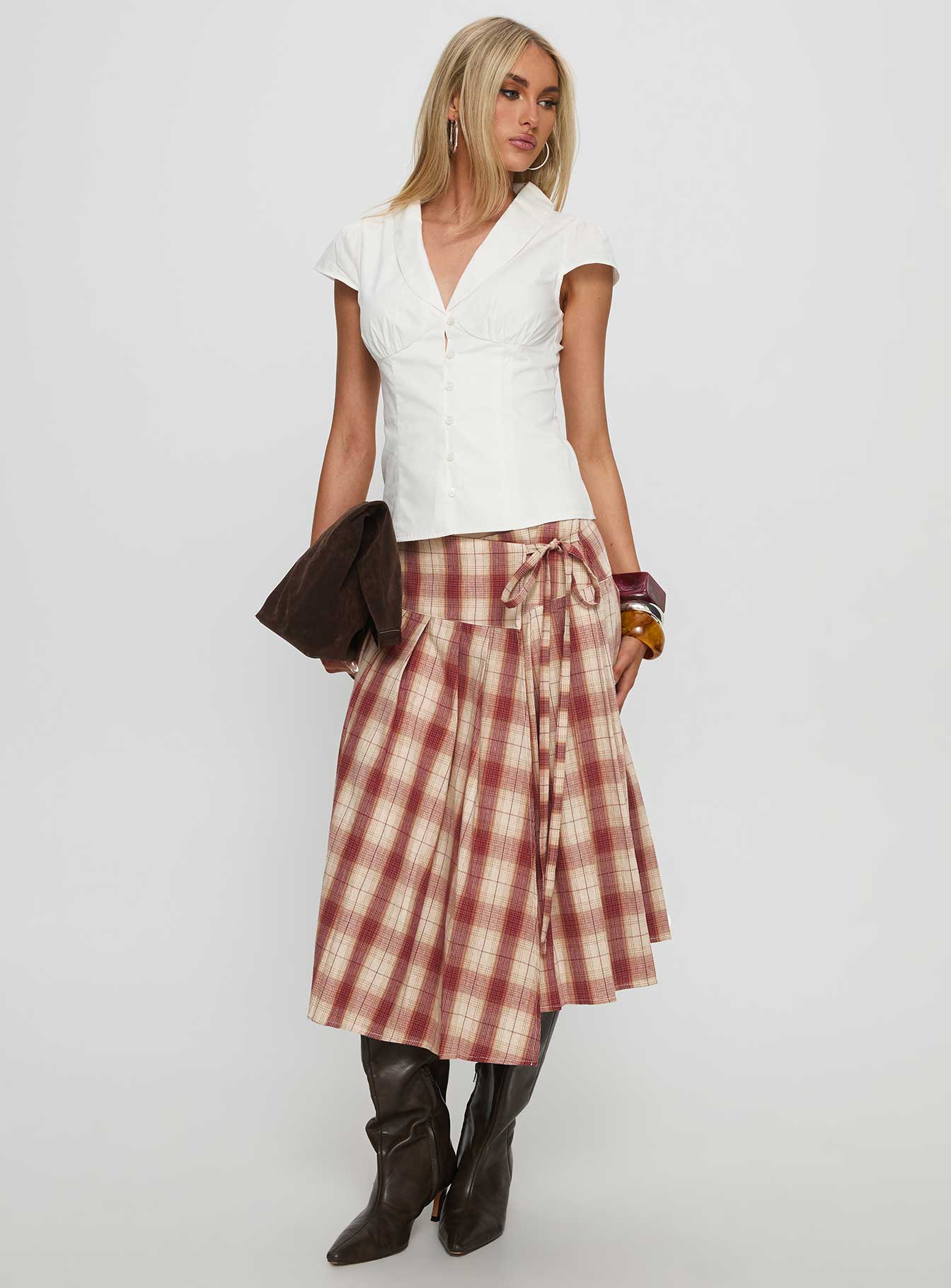   front view of model wearing Princess Polly Norie Wrap Pleat Midi Skirt Red Plaid Midi Skirts Skirts 