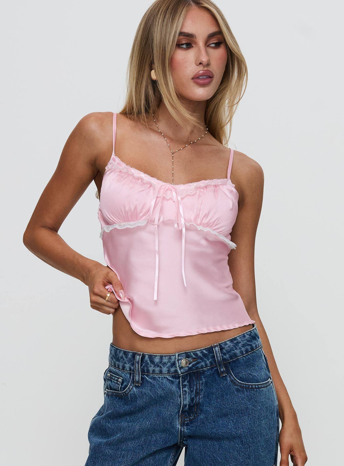Zerah Lace Trim Satin Top Pink