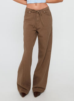side view of model wearing Princess Polly Bruiser Mid Rise Wide Leg Jeans Brown Mid Rise 