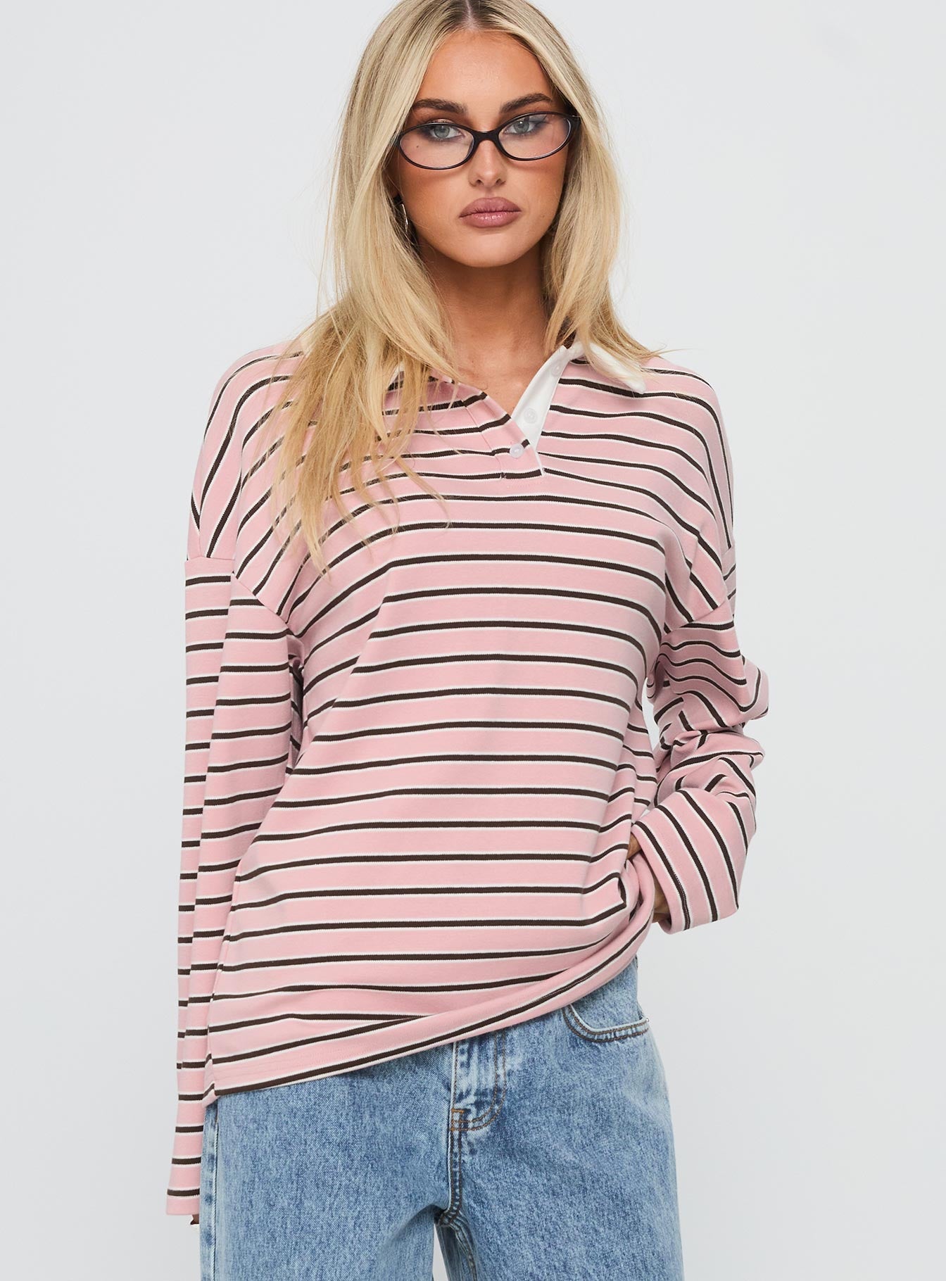 front view of model wearing Princess Polly High Regard Collared Jersey Pink Stripe Cropped 