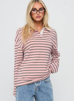 front view of model wearing Princess Polly High Regard Collared Jersey Pink Stripe Cropped 