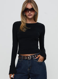 front view of model wearing Princess Polly Harpur Long Sleeve Backless Top Black Full Sleeves Crew Neck 