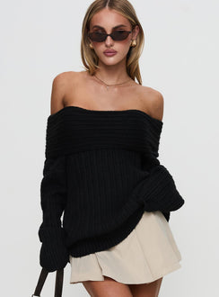 side view of model wearing Princess Polly Snowie Off Shoulder Knit Sweater Black Long 