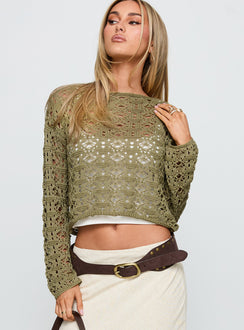 front view of model wearing Princess Polly Birdena Sweater Green Cropped 