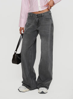 side view of model wearing Princess Polly Ramos Low Rise Denim Jeans Grey Wash Mid Rise 