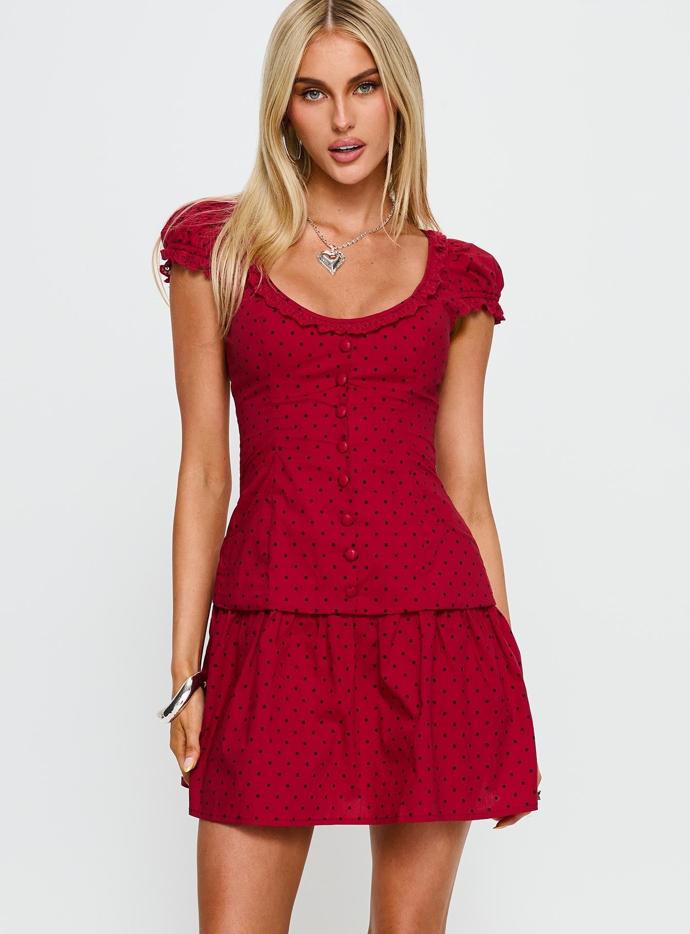 Ottillie Lace Trim Button Down Mini Dress Red Polka Dot