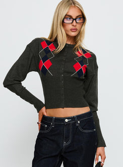 front view of model wearing Princess Polly Head In The Clouds Knit Cardigan Grey Argyle cropped 