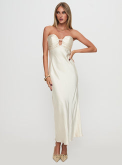 front view of model wearing Princess Polly Cyprian Strapless Maxi Dress Champagne Sweetheart Neckline 