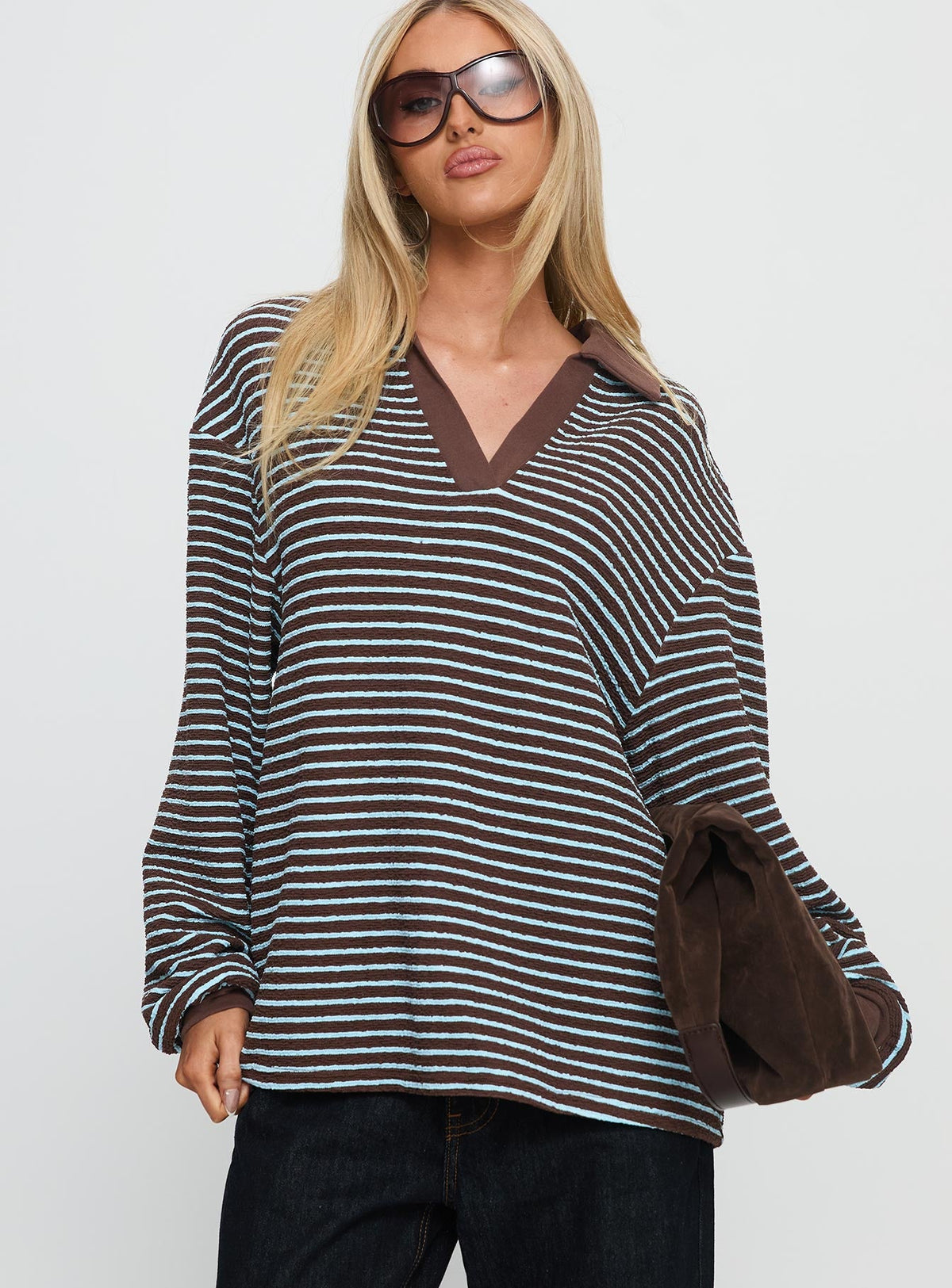 front view of model wearing Princess Polly Rigbys Collared Jumper Brown / Blue Stripe Longline Jumpers Jumpers 