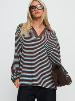 front view of model wearing Princess Polly Rigbys Collared Jumper Brown / Blue Stripe Longline Jumpers Jumpers 