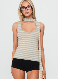 Roana Reversible Scarf Tie Knit Top Grey Stripe