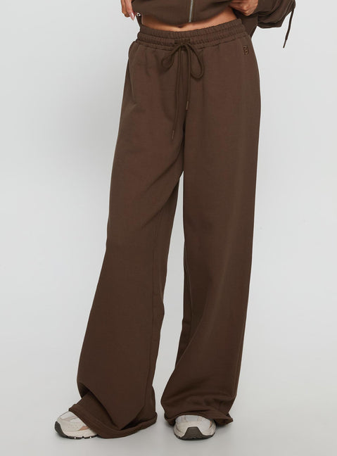 front view of model wearing Princess Polly All Day Straight Leg Sweatpants Chocolate Brown High Rise Pants 
