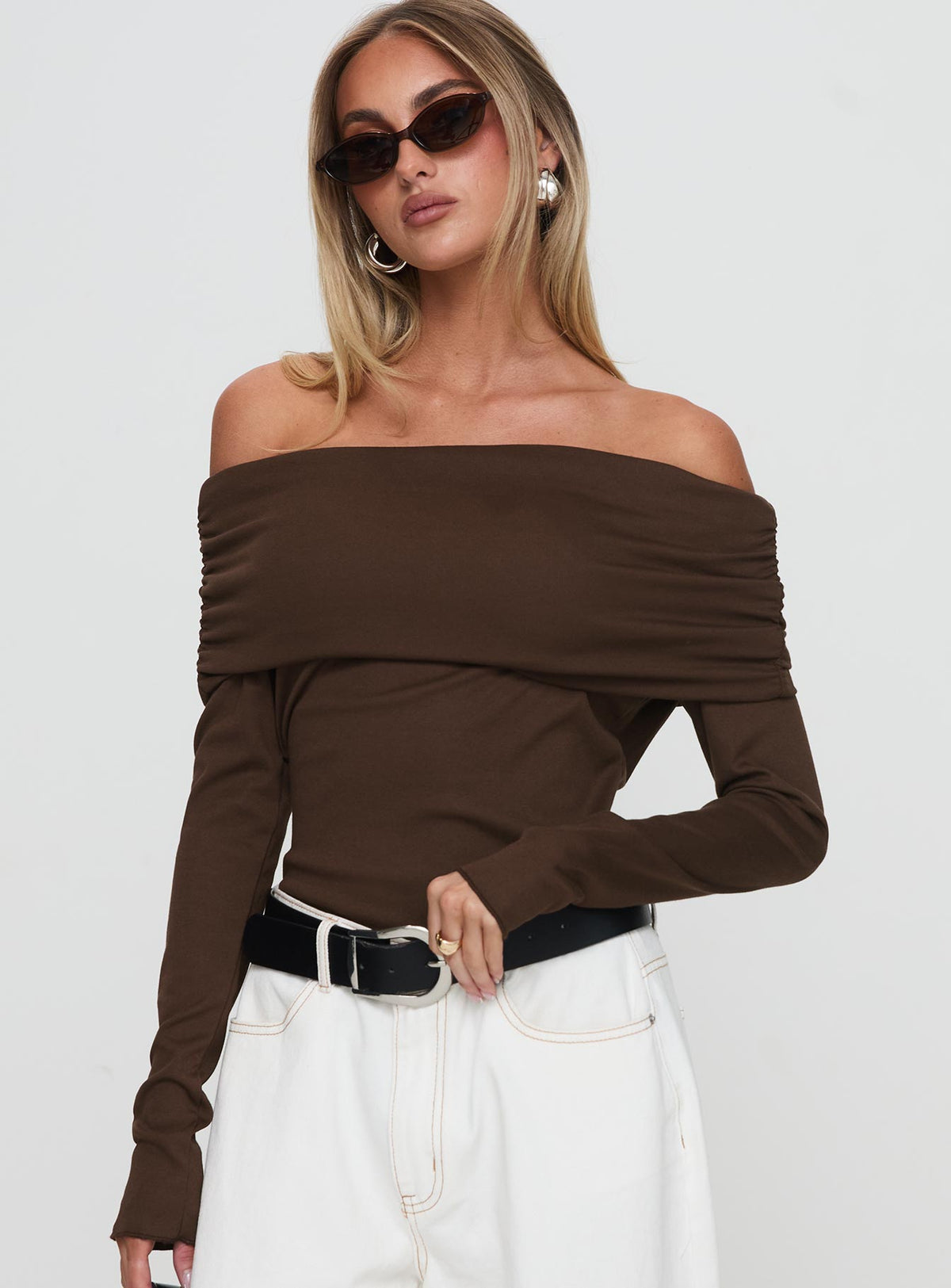 front view of model wearing Princess Polly Spoilt Off The Shoulder Bodysuit Brown Long Sleeve Tops Bodysuit 