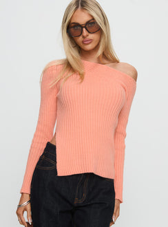 side view of model wearing Princess Polly Exquisite Off Shoulder Knit Sweater Orange Long 