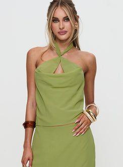 front view of model wearing Princess Polly Eleganza Top Green Sleeveless Cowl 