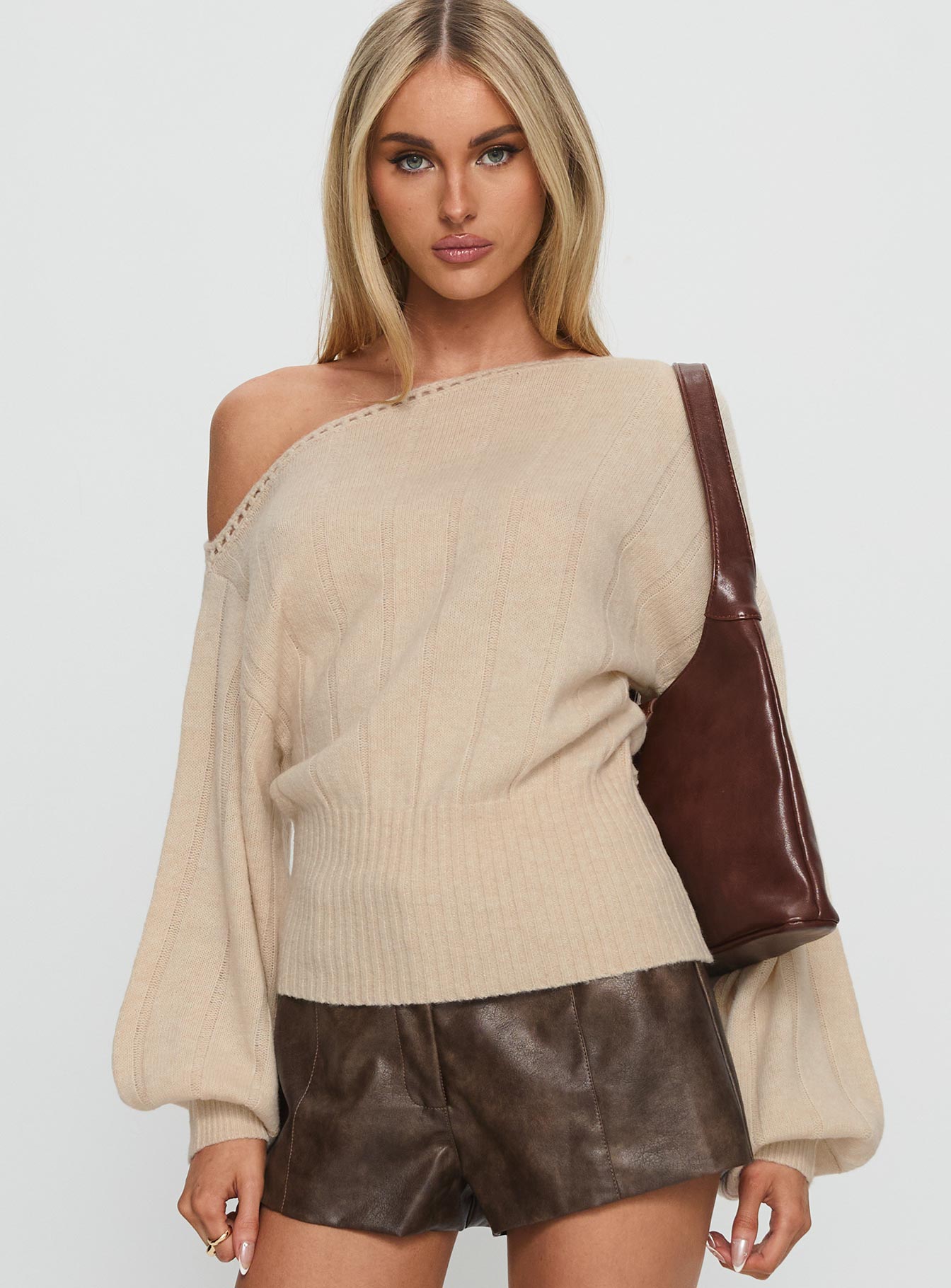 front view of model wearing Princess Polly Jackeline Off Shoulder Rib Jumper Cream 