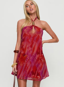 Magica Halter Keyhole Mini Dress Red Floral