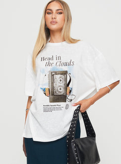 front view of model wearing Princess Polly Cloud Cassette Oversized Tee White Full Sleeves High Neck 