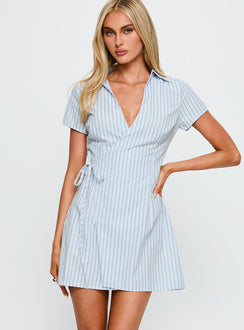 Amarita Wrap Collared Mini Dress Blue Stripe
