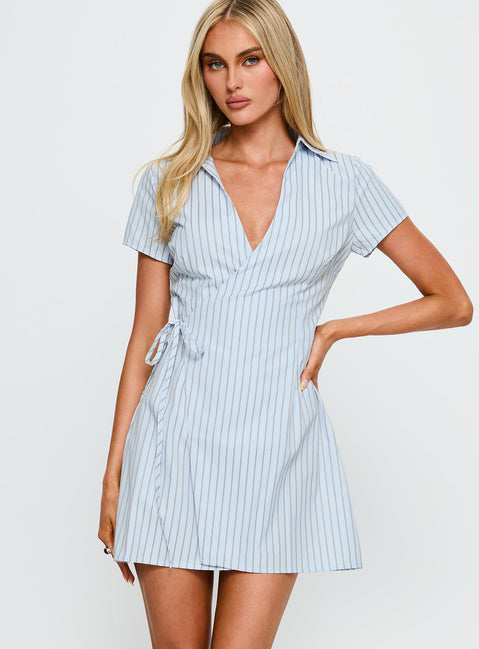 Amarita Wrap Collared Mini Dress Blue Stripe