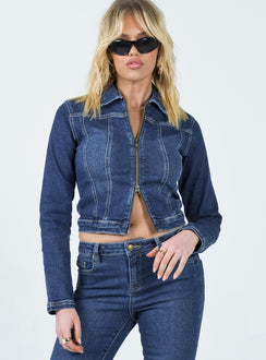 Cropped denim jacket Dark wash denim Classic collar Zip fastening at front