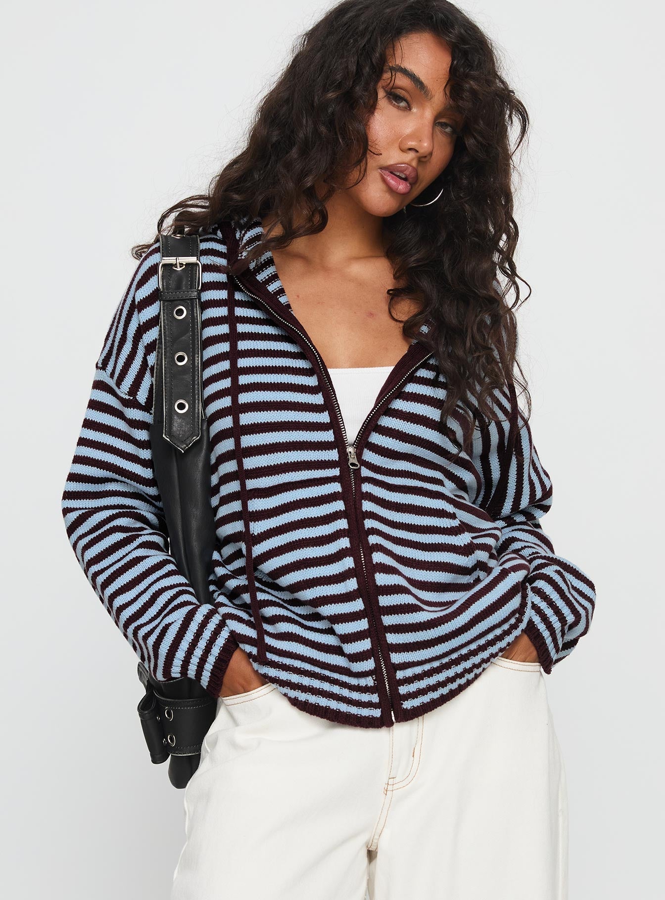 side view of model wearing Princess Polly Brienna Zip Jacket Burgundy / Blue Stripe 