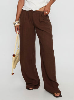 side view of model wearing Princess Polly Vianca Low Rise Linen Pant Chocolate High Waisted Pants 