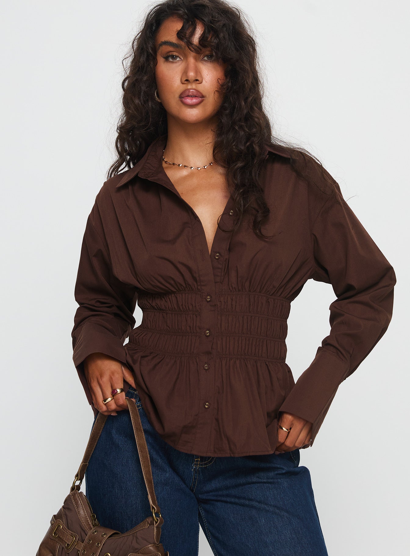 As You Are Shirred Button Up Top Chocolate