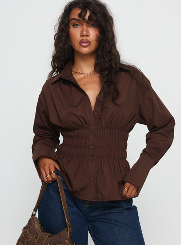 As You Are Shirred Button Up Top Chocolate