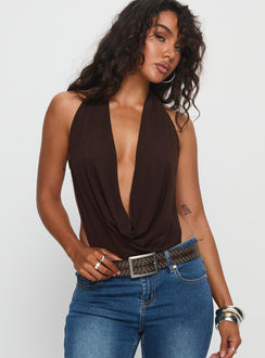 front view of model wearing Princess Polly Quinna Plunge Neck Backless Bodysuit Chocolate Sleeveless 