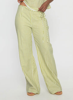 side view of model wearing Princess Polly With Pleasure Tie Side Pant Green / Blue Stripe Mid Rise Pants 