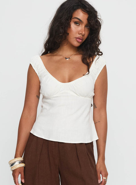 With Pleasure Puff Sleeve Linen Blouse Top White